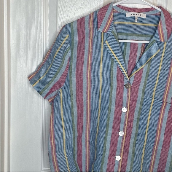 Frame Stripe High/Low Linen Shirt In Purple Multi S - Picture 6 of 16